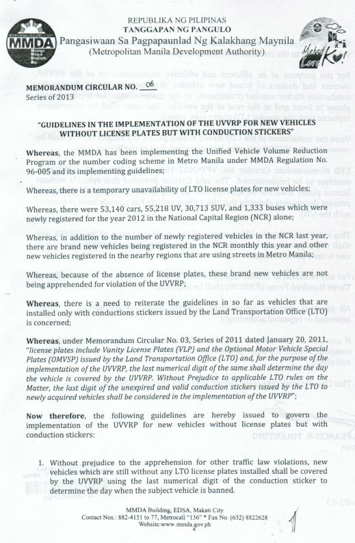 MMDA Memo about displaying the conduction number – Conduction Plate Manila